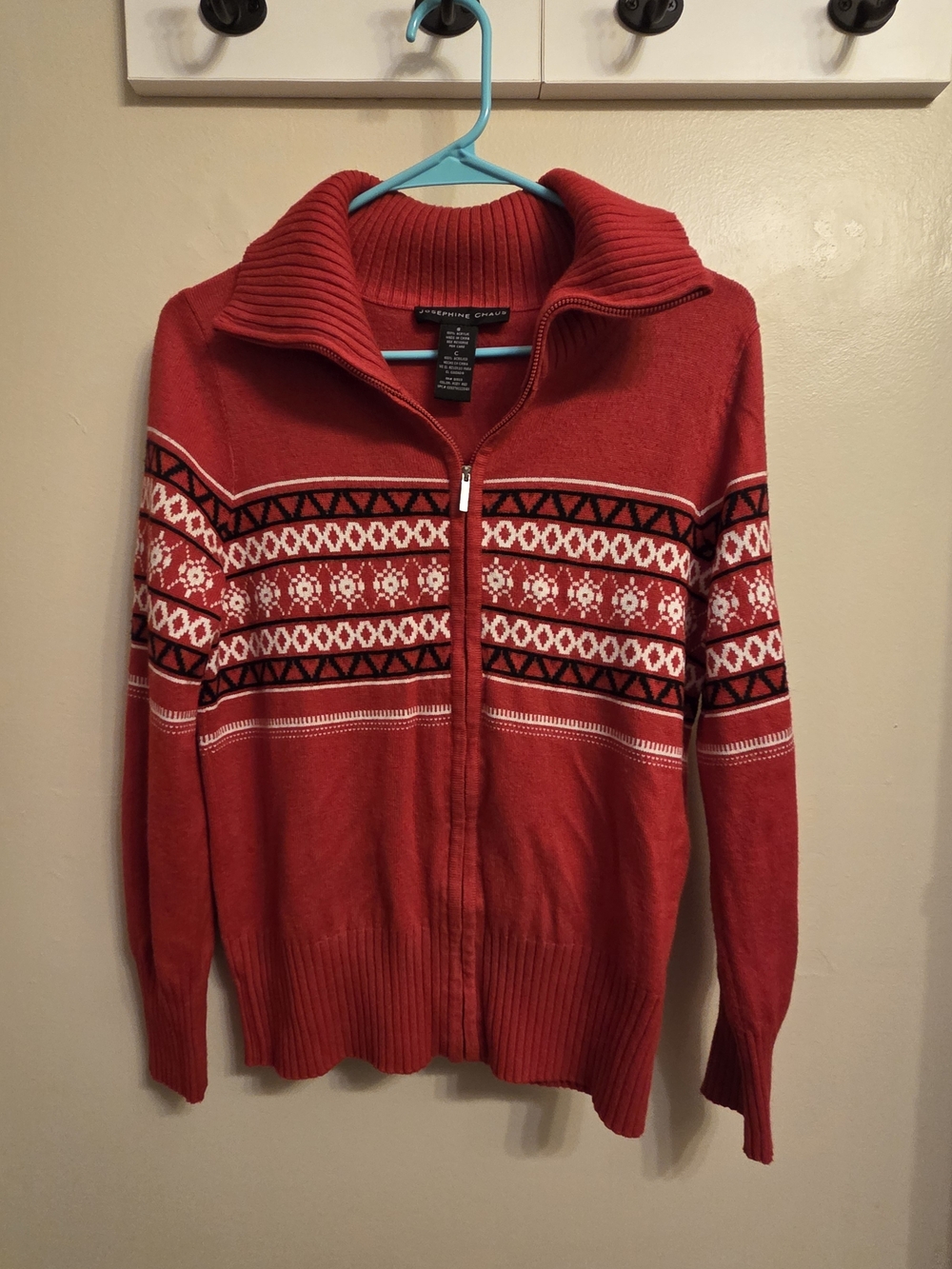 Josephine Chaus Ruby Red Fair Isle Full-Zip Sweater Mock Neck Cardigan Small
